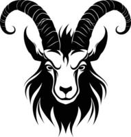 A powerful black and white illustration of a goat's head with large, curling horns vector
