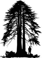 A minimalist silhouette of a large tree with a single person standing in front of it vector