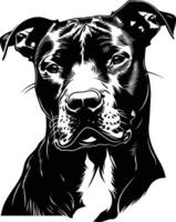 A striking black and white illustration of a pit bull's head, capturing its powerful presence and intense gaze vector
