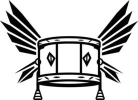 Black and white element illustration of a drum with wings, perfect for music, rock and roll, and band merchandise vector
