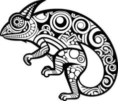 Detailed line art illustration of a chameleon, intricately adorned with swirls and patterns, perfect for tattoos, coloring pages, or graphic design projects vector