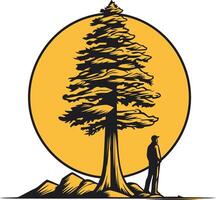 Silhouette of a Person Standing by a Tree in Front of a Yellow Circle vector