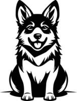 A black and white element illustration of a happy, sitting dog with floppy ears vector