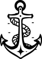 A simple, black and white illustration of a nautical anchor with a rope wrapped around it vector