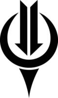A bold, black and white logo featuring a double headed arrow within a stylized circle, pointing downwards, with a sharp point at the base vector