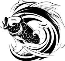Black and white illustration of a stylized koi fish in a wave vector