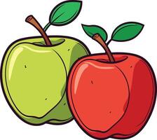 Green and Red Apples with Stems and Leaves vector