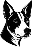 A bold and graphic illustration of a bull terrier's head in a black and white design, perfect for branding, apparel, or pet related projects vector