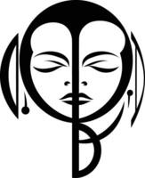 Abstract black and white tattoo design featuring a stylized female face with closed eyes and geometric patterns vector