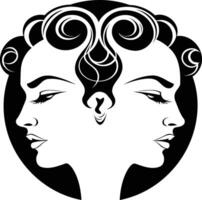 A striking black and white illustration of a woman's face in profile, featuring a unique hairstyle with stylized curls vector