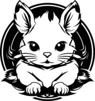 Cute black and white illustration of a cat with big eyes in a circular frame vector