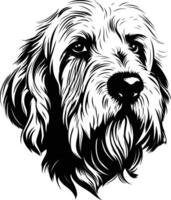 A striking black and white illustration of a dog's head, capturing its expressive eyes and textured fur vector