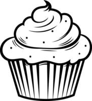 A simple, black and white illustration of a classic cupcake with frosting vector