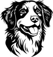 A simple yet striking black and white illustration of a dog's head, featuring a friendly and playful expression vector