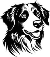A striking black and white illustration of a dog's head, featuring detailed fur and a friendly expression vector