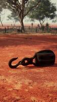 A rustic red dirt field with a charming fence and trees in the background video
