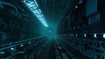 Corridor with pipes and lines in futuristic ship. Motion. Tunnel with neon lines and technological pipes. Futuristic spaceship technology video