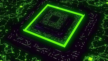 Animation with large 3D computer chip. Motion. Neon computer chip with connection lines. Pyramid of computer motherboard with neon lines video