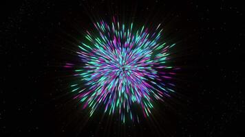 Black background with shiny multicolored abstraction . Motion . Lines of different sizes that fly like fireworks and spread out, filling up all the free space and making it multicolored. video