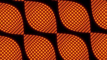 Bright black background. Design.Yellow and orange are large particles that are highlighted by a grid in the animation that are moving forward. video