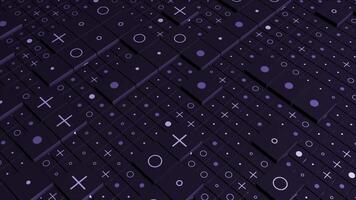 Background of squares on surface with signs. Motion. 3D computer background with squares and images of signs. Pluses and points on surface of squares. Mathematical or computer background video