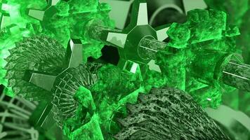 Abstract rotating gears made of emeralds. Motion. Shining working mechanism, close up of machine details. video