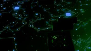 Glowing network lines in chip. Motion. Glowing lines of chip lead to generator. Bright glowing motherboard or computer chip with generator video