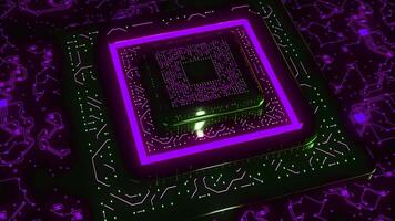 Animation with large 3D computer chip. Motion. Neon computer chip with connection lines. Pyramid of computer motherboard with neon lines video