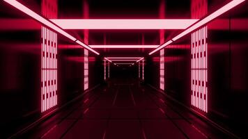 Red and gray dark corridor with lighting. Design.A spacious room in an abstraction that moves inwards and is decorated with different bright rays. video