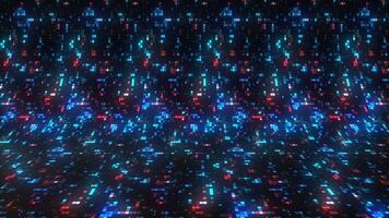 Bright shimmering squares on modern background. Motion. A lot of pixel squares glow in space. Mosaic pixel background in disco style video