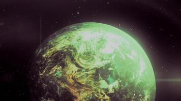 3D animation with planet in space. Motion. Colored planet with radiation in space. Planet with colored light in 3D space. Astronomy video