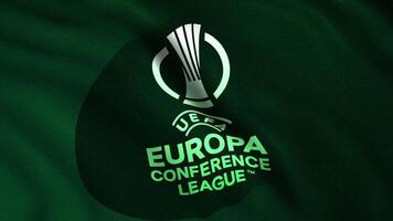 The green canvas of the UEFA conference league. Motion.The green logo in the animation of the Annual competition of football clubs that are part of UEFA.Use only for editorial. video
