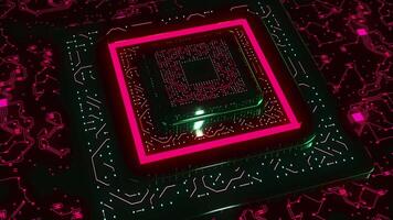 3D chip with neon lines. Motion. Large motherboard on futuristic neon background. Technological computer part of future video