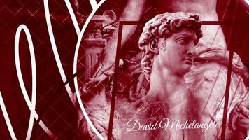 Blue and red background. Motion.Antique art, Michelangelo's David sculpture in animation with multicolored patterns nearby. video