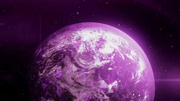 Bright glowing planet in space. Motion. 3D planet rotates in outer space with colored radiation. Planet with bright color on background of starry cosmos video