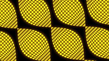 Bright black background. Design.Yellow and orange are large particles that are highlighted by a grid in the animation that are moving forward. video