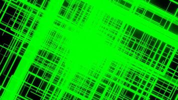 Black background. Design.The green bright grid in the animation illuminated by the laser move inward. video