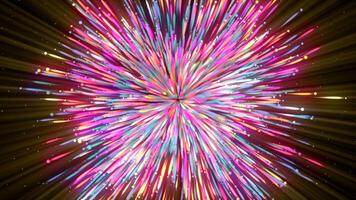 colorida explosivo fluxo com comovente linhas e partículas. movimento. luminoso brilhante corrente do enérgico partículas a partir de ponto. explosivo teto do colorida brilhando energia video