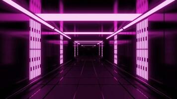 View inside of rectangular shaped underground tunnel with neon lighting. Design. Moving inside futuristic corridor. video