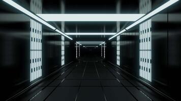 Traffic in futuristic corridor with neon lines. Design. 3D corridor with metal and neon walls. 3D corridor in futuristic or scientific style video