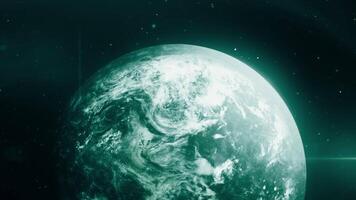 Abstract spherical space body rotating in front of stars. Motion. Turquoise planet spinning in outer space. video