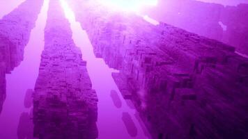 3d stone pillars in space. Motion. Large-scale stone pillars are flying in outer space. Futuristic stone pillars move in 3D space video