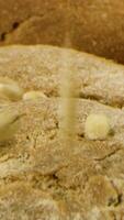 Home made bread with grains, seeds and cereals. Stock footage. Close up of delicious loaf of freshly baked bread lying on the table, concept of food. video