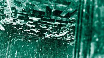 Abstract technology backdrop, complicated surface. Motion. Flying through turquoise artificial intelligence structure looking like a maze of blocks. video
