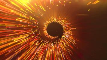 Bright flying sparks of particles, spinning in a circle, follow the flashing star. Motion. Outer space background with flying comet. video