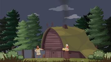 A Camp Scene Featuring Various Figures in a Lush Forest Setting as Dusk Approaches. Creative video