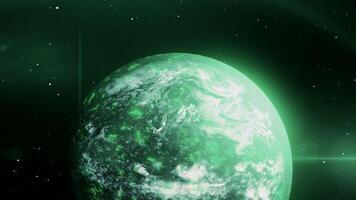Bright glowing planet in space. Motion. 3D planet rotates in outer space with colored radiation. Planet with bright color on background of starry cosmos video