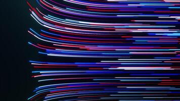 Lines move in futuristic flow with bend. Motion. Colorful stream of lines in cyberspace. Turn flow with colorful stripes video