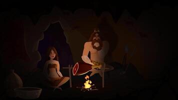 A captivating cave scene featuring a mesmerizing fire and various primitive figures depicted. Creative video