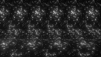 Bright shimmering squares on modern background. Motion. A lot of pixel squares glow in space. Mosaic pixel background in disco style video